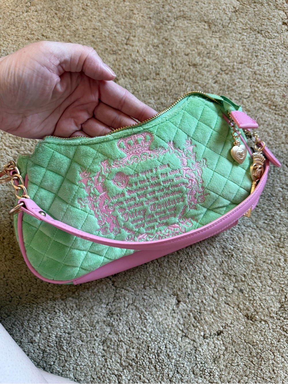 Juicy Couture Pink & Green Quilted Mini Shoulder Bag with Embroidered Crest